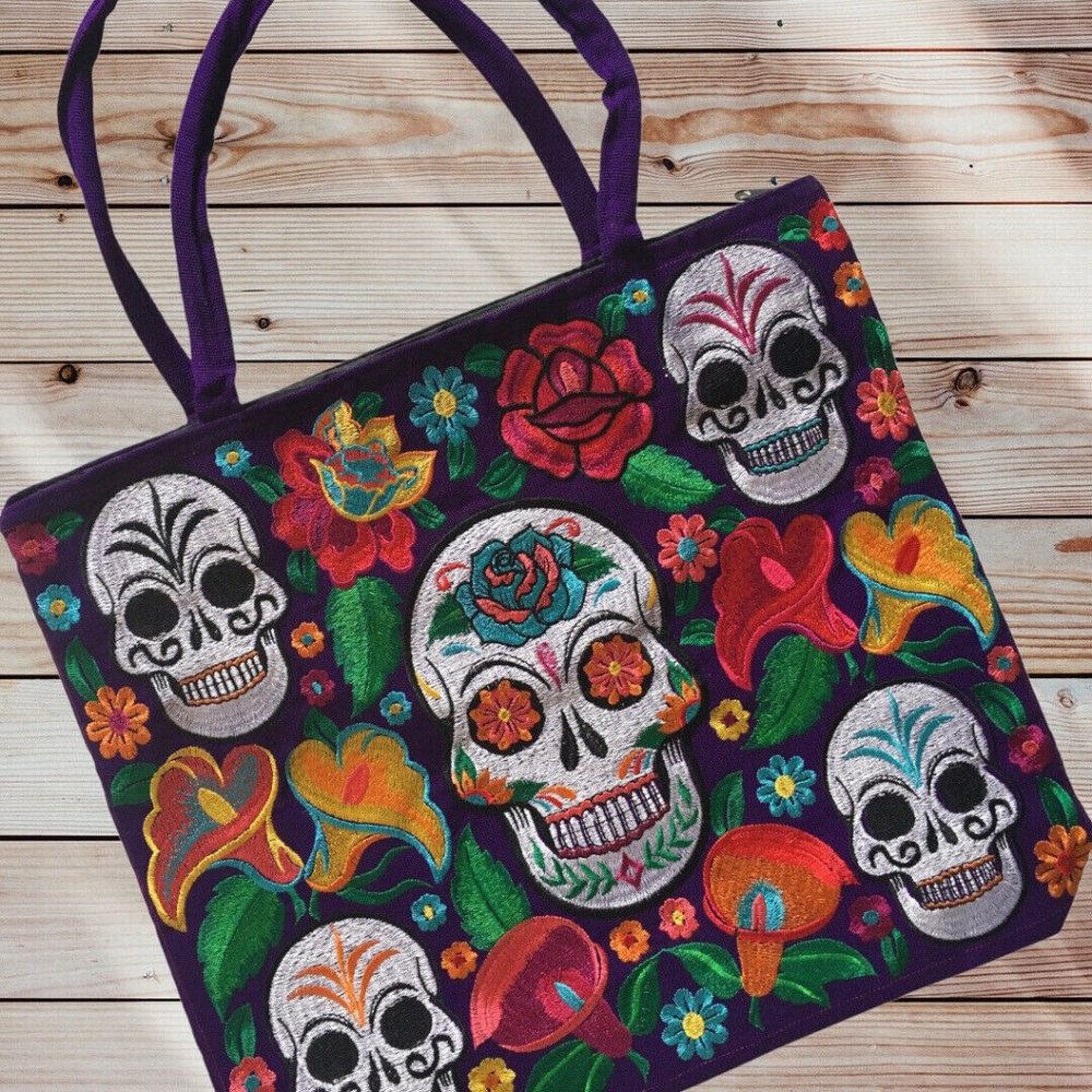Handmade Mexican Sugar Skull Embroidered Tote Bag - Women's Purses & Handbags
